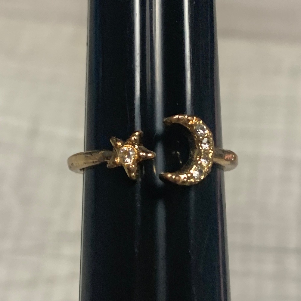 Gold Tone Celestial Moon and Star Crystal Open Wrap Ring Size 7